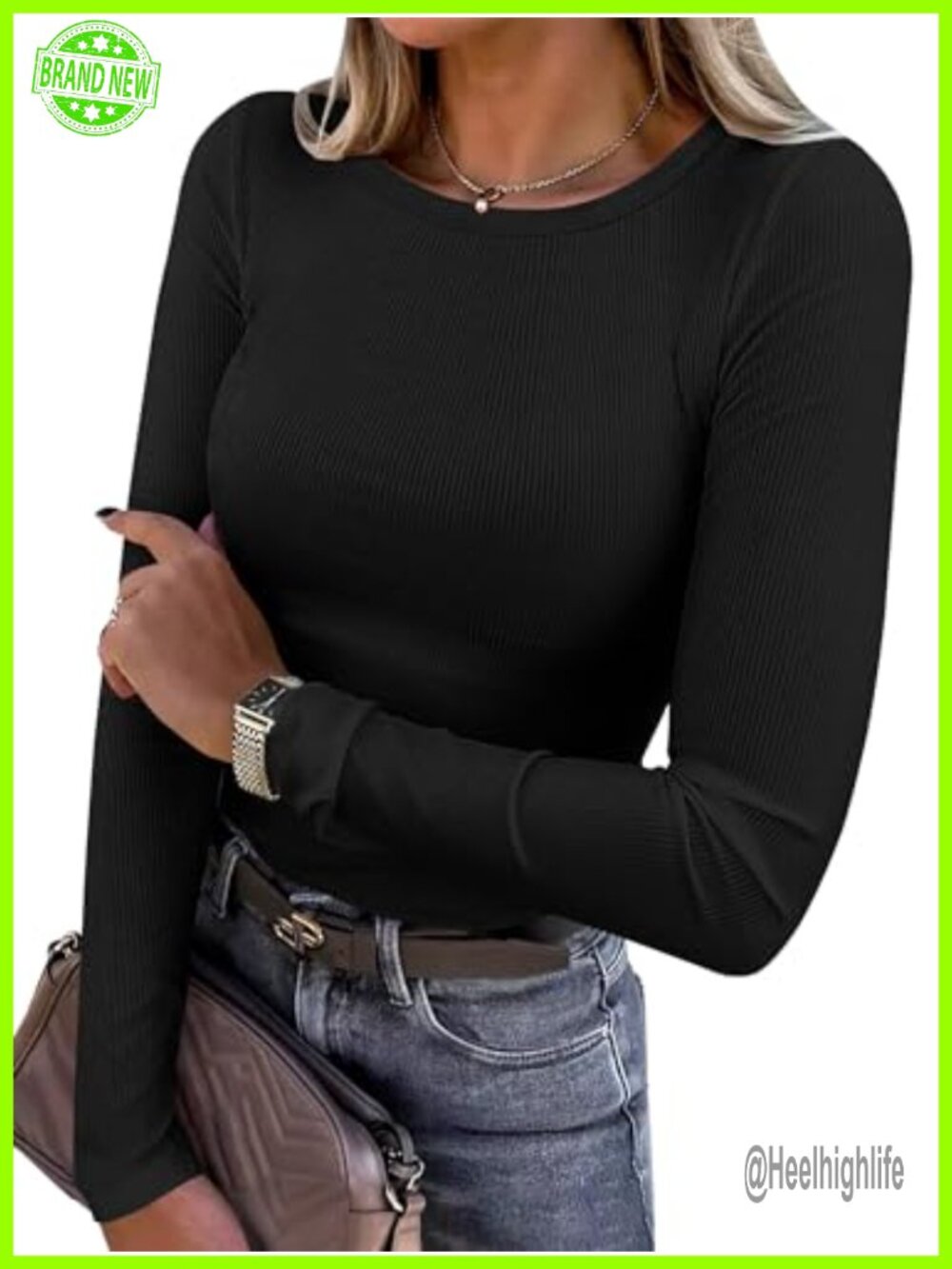 Long Sleeve Ribbed Fitted Top Slim Fit Crew Neck Pullover
